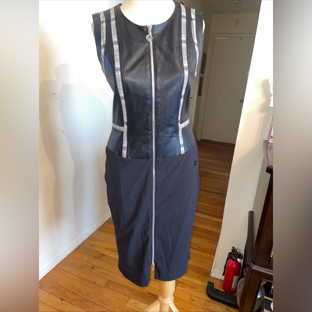Sportalm Austria Black fuax leather  Dress with front Zipper and plaid trim 6